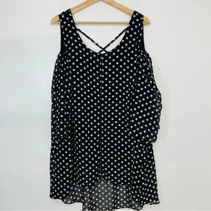 NY Collection Top Shirt  1X Polka Dot Black White Semi Sheer Flowy Cold Shoulder